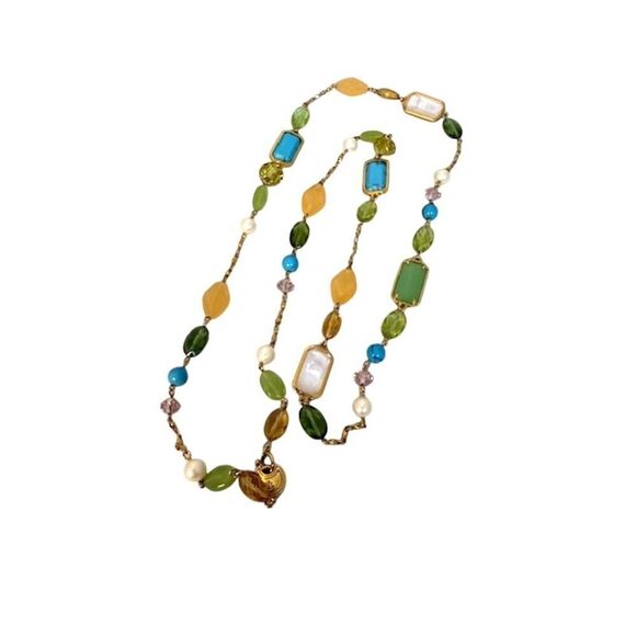 Lauren Ralph Lauren Stone Bead Multi Color Necklace Green Turquoise Peach 34" - Picture 1 of 5